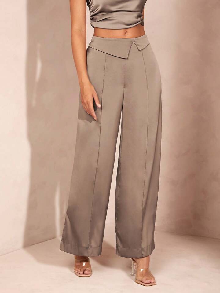 CM-BS689339 Women Elegant Seoul Style Flip-Up Satin Wide-Leg Straight Trousers - Dark Gray