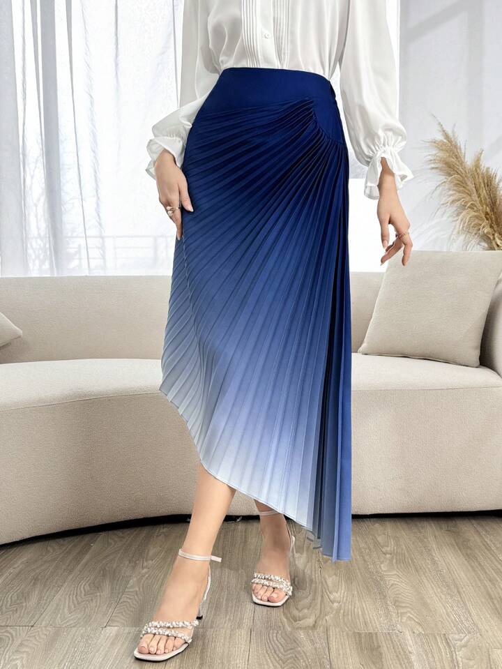 CM-BS558676 Women Elegant Seoul Style High Waist Gradient Color Pleated Skirt - Blue