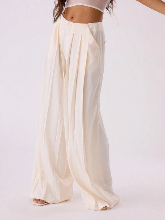 CM-BS797213 Women Casual Seoul Style High Waist Pleat Front Wide Trousers - Beige