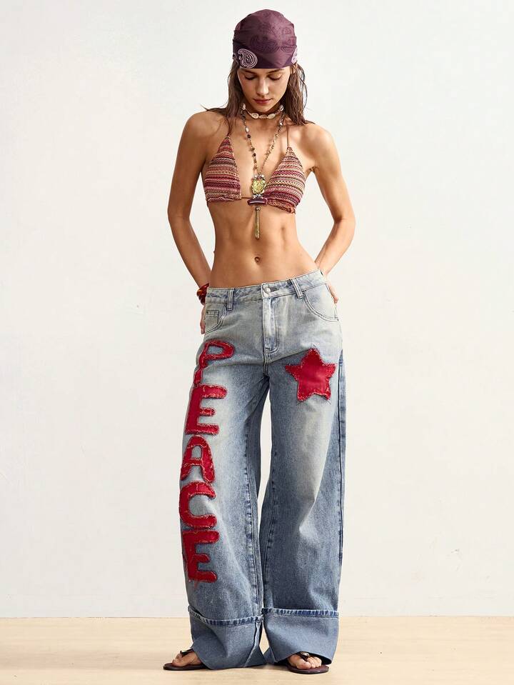 CM-BS472211 Women Casual Seoul Style Medium Wash Color-Blocked Embroidered Loose Fit Denim Jeans