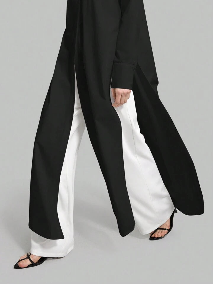 CM-TS855315 Women Casual Seoul Style Shirt Collar Long Sleeve Front Button High Slit Long Shirt - Black