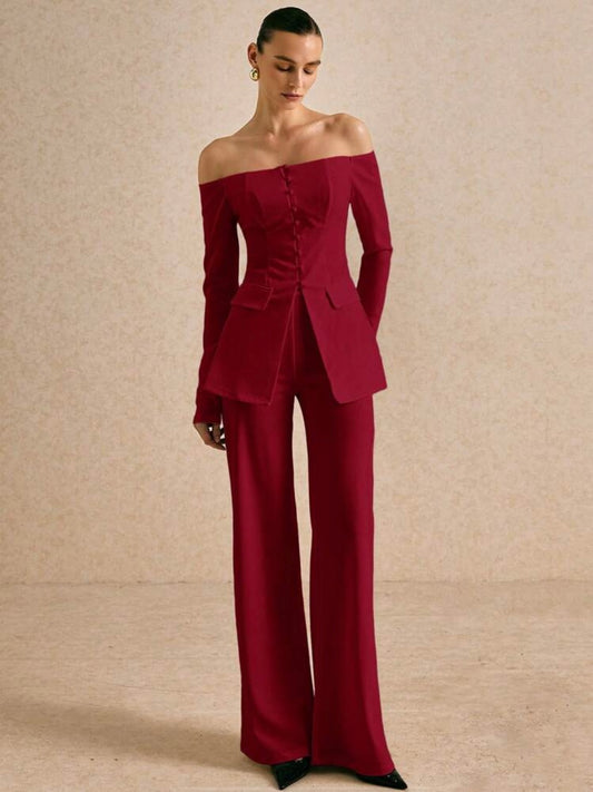 CM-SS302674 Women Elegant Seoul Style Solid Color Off Shoulder Long Sleeve Single Breasted Blazer With Pants - Set