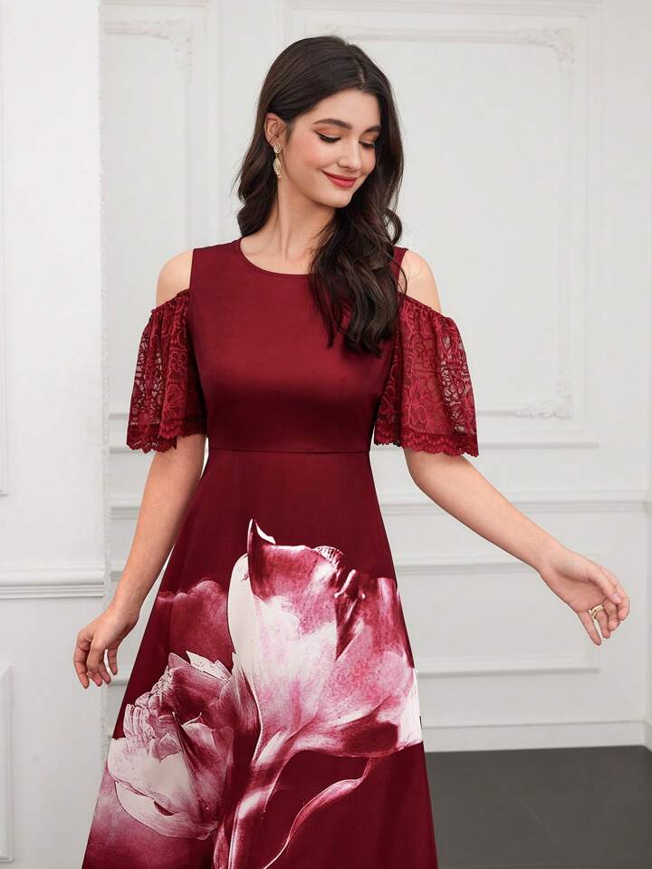 CM-DS943716 Women Elegant Seoul Style Asymmetrical Neck Floral Printed Off-Shoulder A-Line Dress