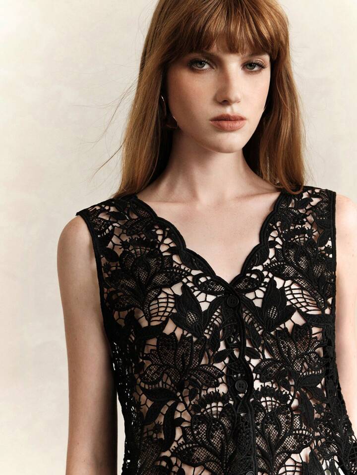 CM-TS197853 Women Elegant Seoul Style Lace Hollow Out V-Neck Splice Tassel Sleeveless Open Cover Up Top - Black
