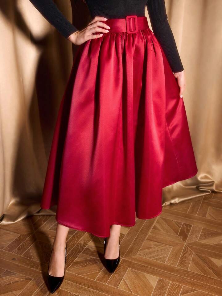 CM-BS522726 Women Elegant Seoul Style Ultra High Waist Satin Flared Hem A-Line Skirt - Red