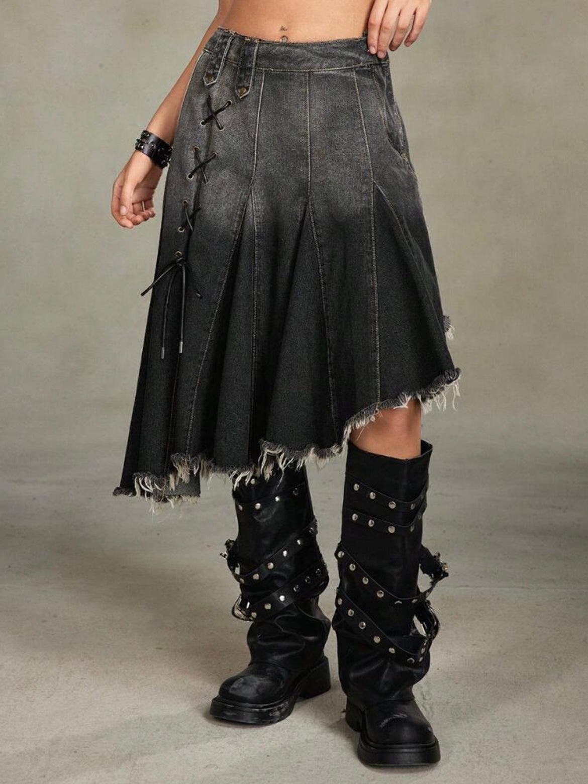 CM-BS935301 Women Casual Seoul Style Asymmetrical Hem Frayed A-Line Denim High Waist Skirt