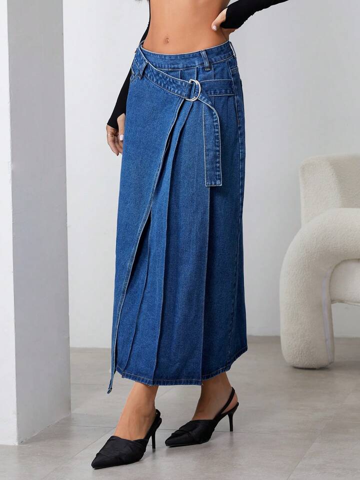 CM-BS878352 Women Casual Seoul Style Dark Wash Pleated Pocket Minimalist Denim Skirt