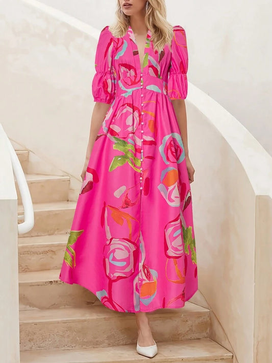 CM-DS197769 Women Trendy Bohemian Style Floral Print Loose Short Sleeve V-Neck Dress - Hot Pink