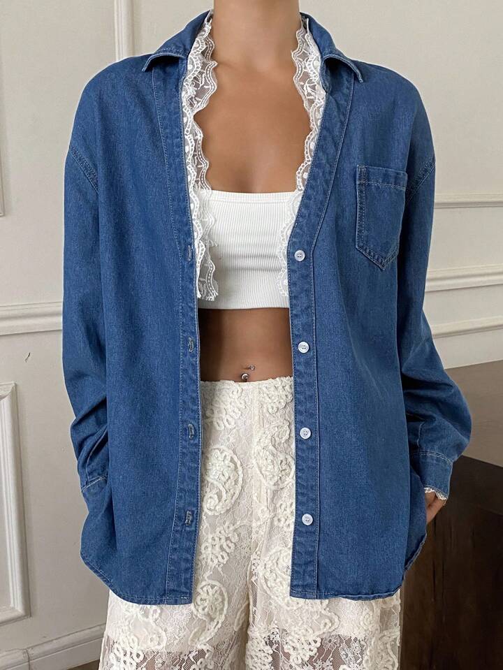 CM-TS166673 Women Casual Seoul Style Lace Trim Collar And Cuffs Drop Shoulder Long Sleeve Denim Top - Blue