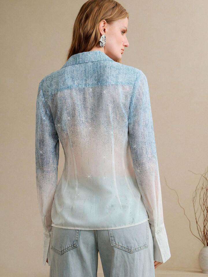 CM-TS152668 Women Elegant Seoul Style Gradient Rhinestone Stand-Up Collar Long Sleeve Blouse - Blue