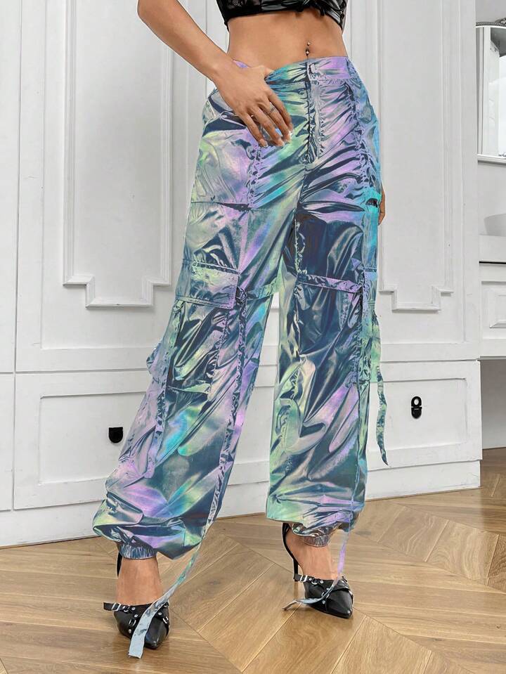 CM-BS497422 Women Casual Seoul Style Solid Color Laser Pocket Gathered Jogger Pants - Baby Blue