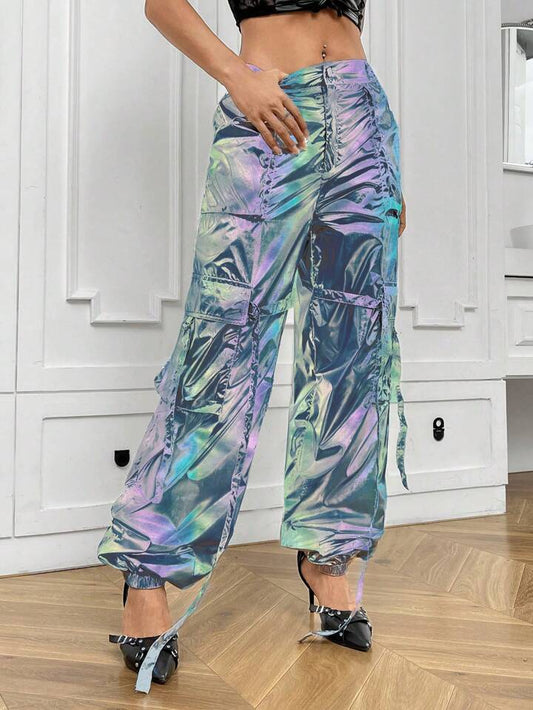 CM-BS497422 Women Casual Seoul Style Solid Color Laser Pocket Gathered Jogger Pants - Baby Blue