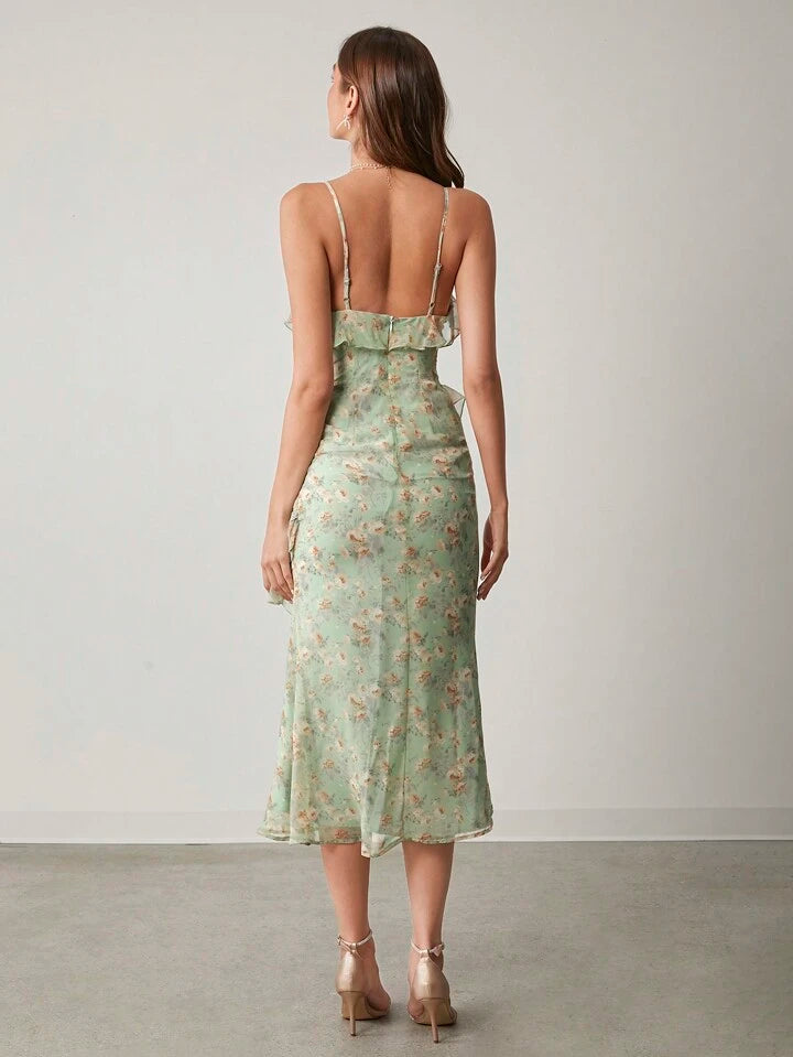 CM-DS882497 Women Elegant Seoul Style Floral Print Ruffle Trim Spaghetti Strap Sleeveless Long Dress - Green