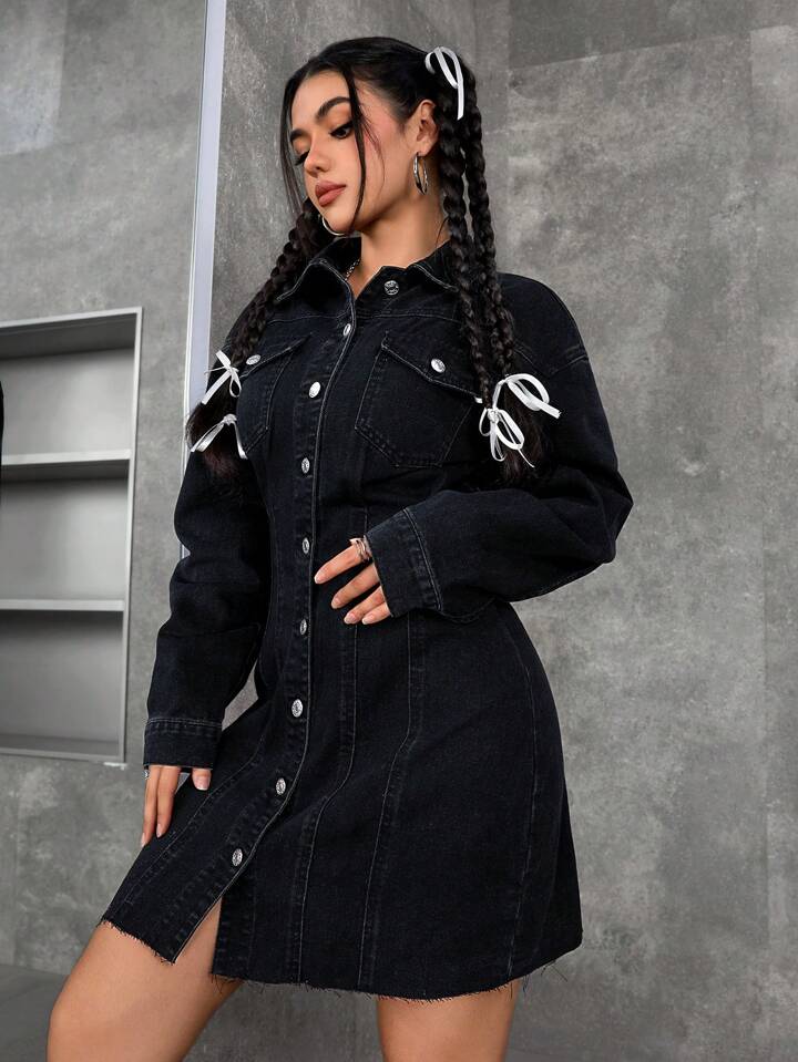 CM-DS623314 Women Casual Seoul Style Front Button Long Sleeve Pocket Short Denim Dress - Black