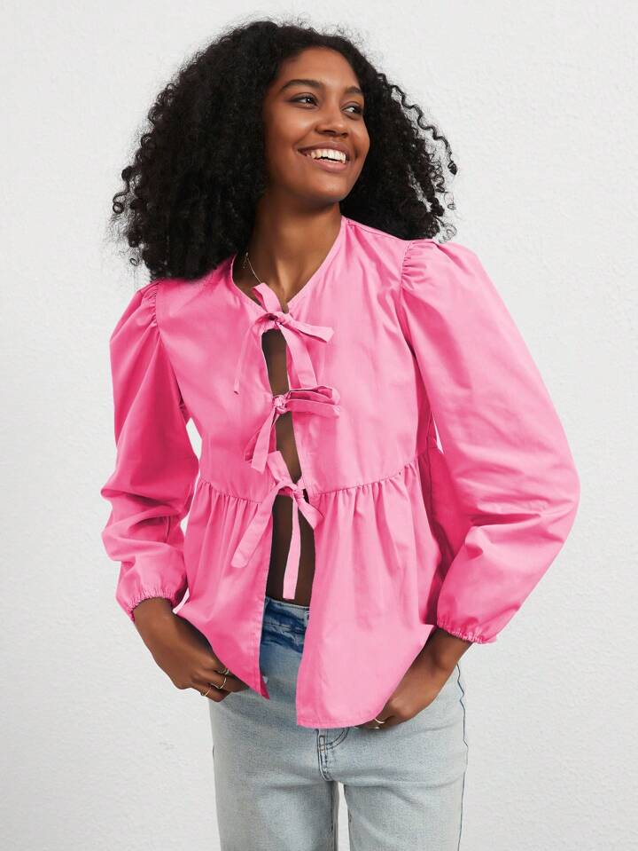CM-TS042575 Women Casual Seoul Style Print Ruffle Hem Tie Long Sleeve Shirt - Hot Pink