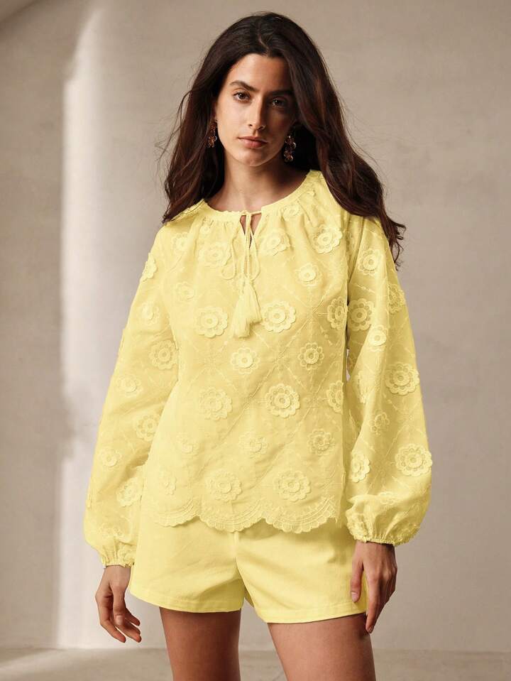CM-TS767445 Women Trendy Bohemian Style V-Neck Tie Front Long Sleeve Floral Print Shirt - Yellow