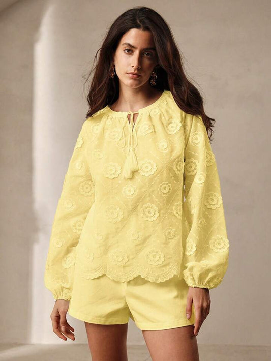 CM-TS767445 Women Trendy Bohemian Style V-Neck Tie Front Long Sleeve Floral Print Shirt - Yellow