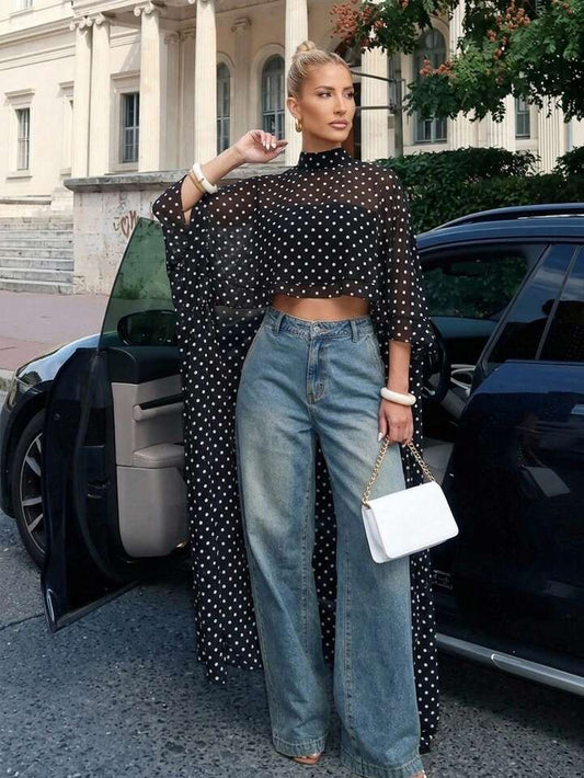 CM-TS405965 Women Casual Seoul Style Asymmetric Ruffle Hem Loose Collar Shawl Blouse - Black