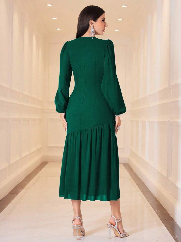 CM-DS555473 Women Elegant Seoul Style V-Neck Lantern Sleeve Pleated Ruffle Hem Dress - Green