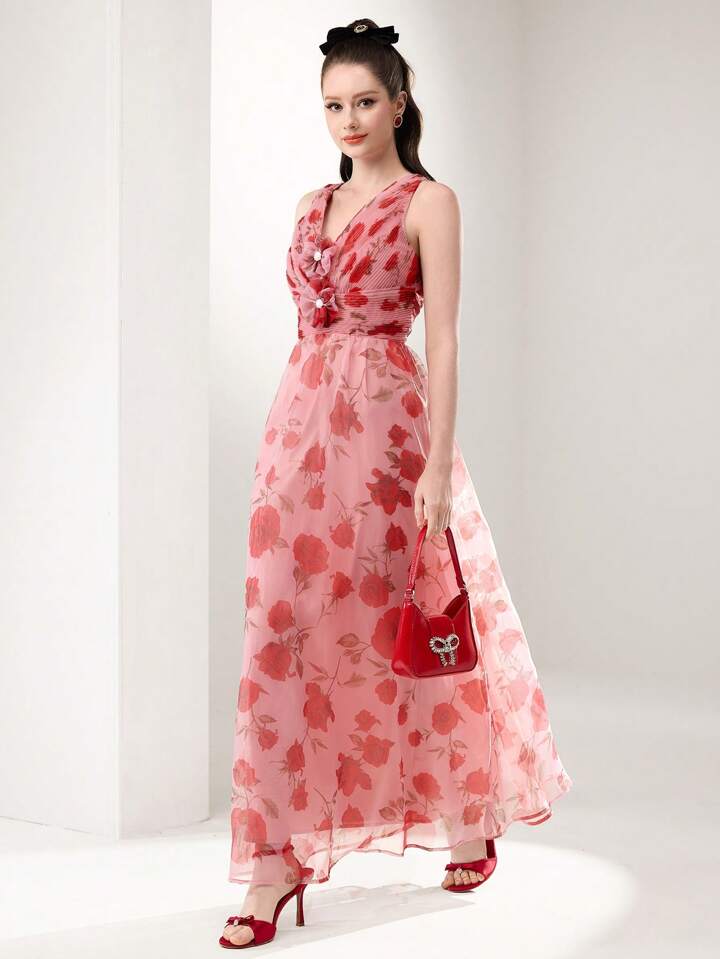 CM-DS549425 Women Elegant Seoul Style V-Neck Sleeveless Floral Print Semi-Sheer Mesh Long Dress