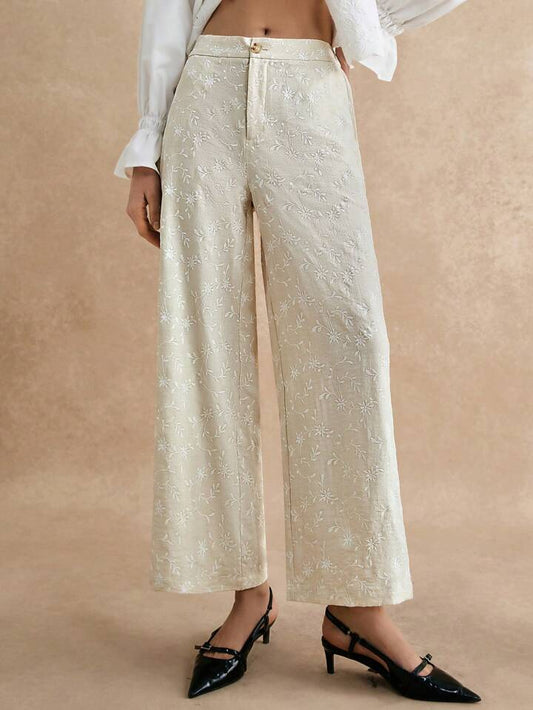 CM-BS110052 Women Casual Seoul Style Versatile Solid Color Embroidered Long Pants - Beige