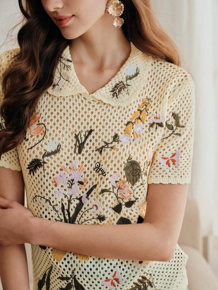 CM-TS343410 Women Casual Seoul Style Embroidered Hollow Out Collar Neckline Short Sleeve Knit Top