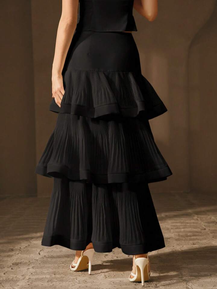 CM-BS296354 Women Elegant Seoul Style Solid Color Mid Waist Ruffle Tiered Layer Long Skirt - Black