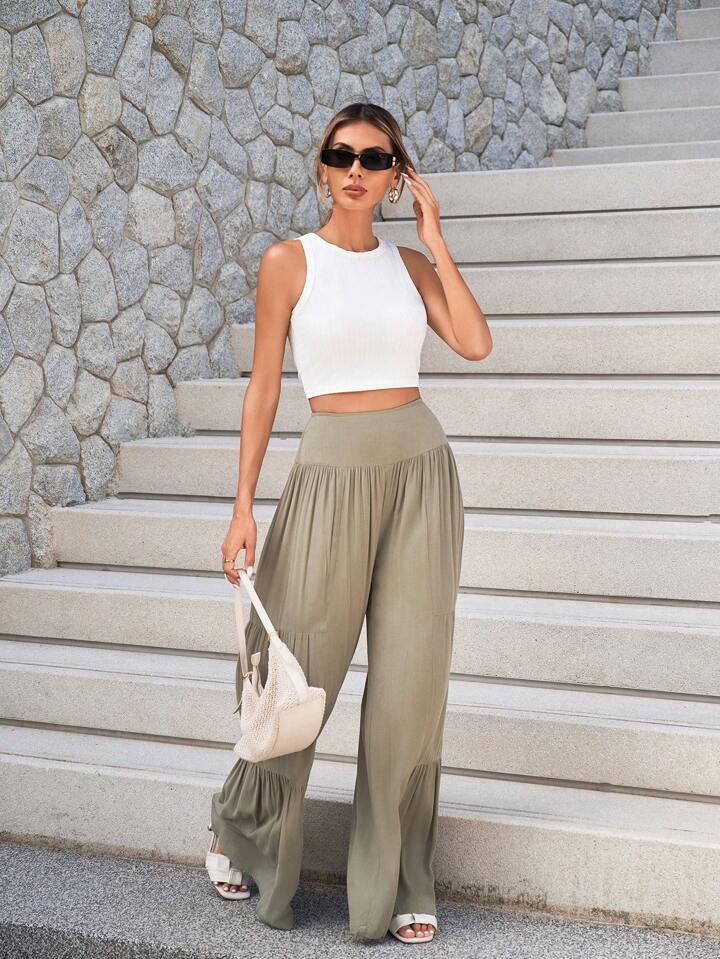 CM-BS278116 Women Trendy Bohemian Style Pleated High Waisted Wide Leg Pants - Army Green