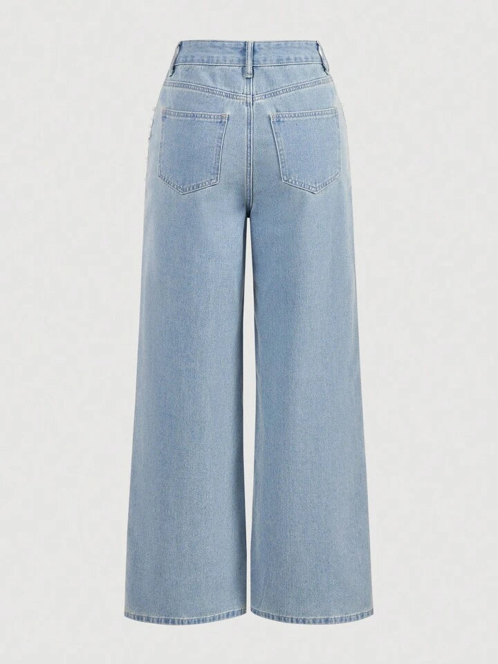 CM-BS445243 Women Casual Seoul Style Pearl Decor Pocket Wide Leg Loose Fit Jeans - Blue