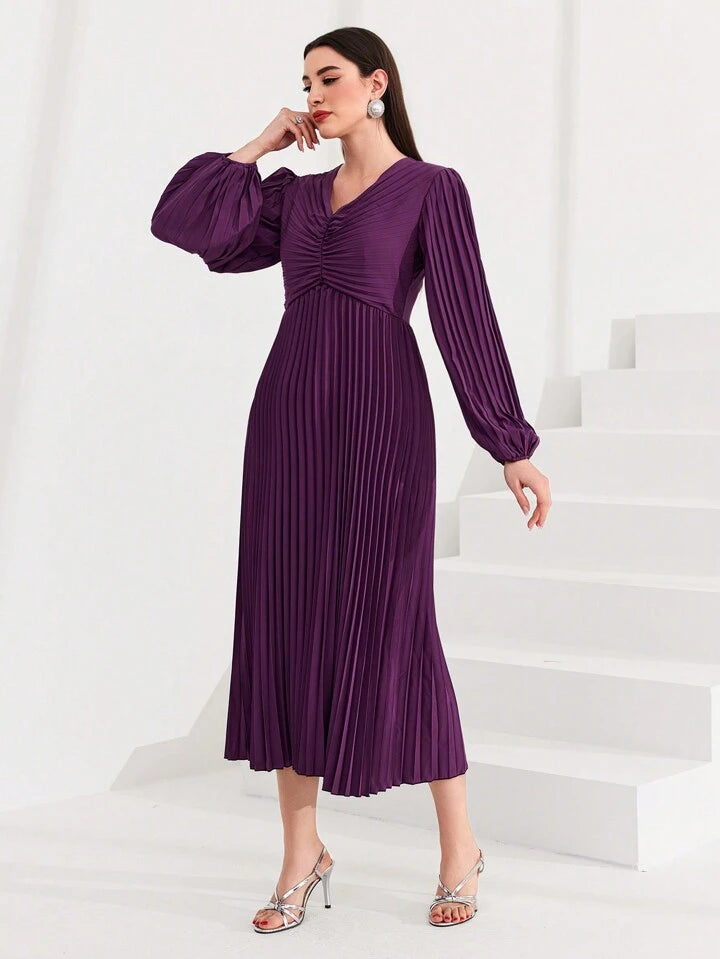 CM-DS825481 Women Elegant Seoul Style V-Neck Pleated Lantern Sleeve Dress - Purple
