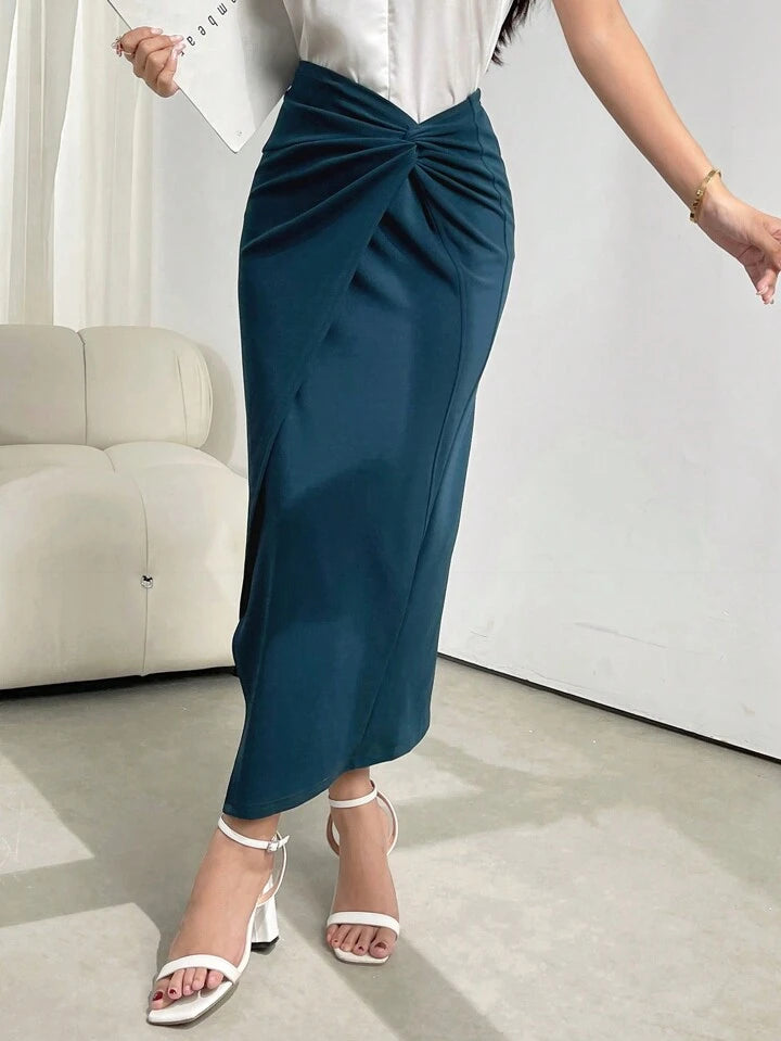 CM-BS859211 Women Casual Seoul Style Twist Front Wrap Hem Solid Maxi Skirt