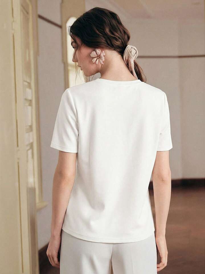 CM-TS188632 Women Elegant Seoul Style Round Neck Short Sleeve Lace Patchwork 3D Embroidered Floral Knit T-Shirt - White