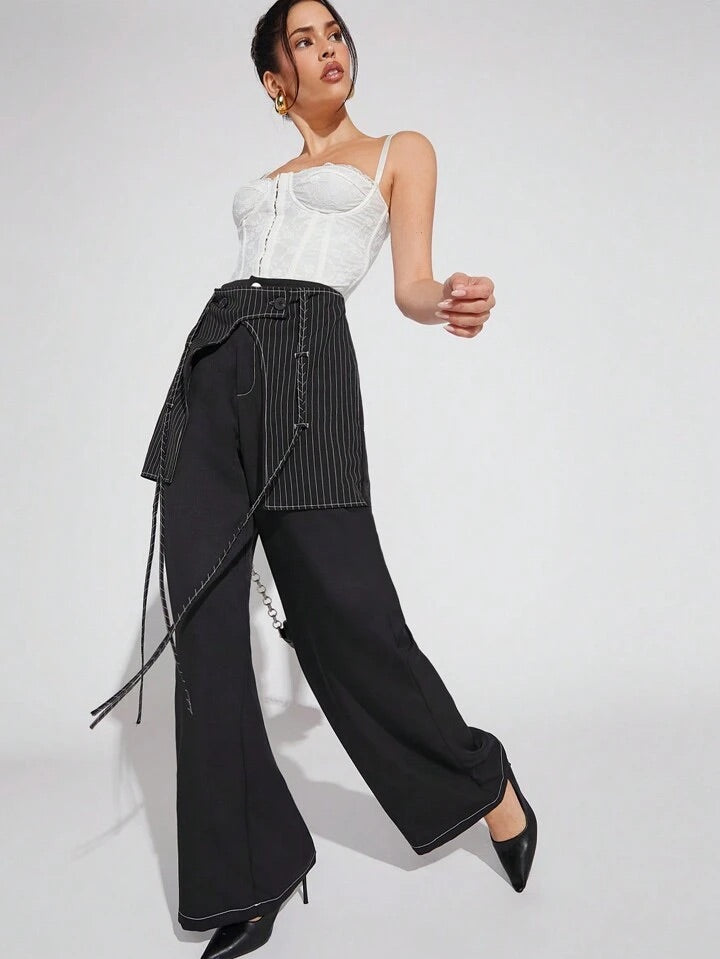 CM-BS520244 Women Casual Seoul Style Pinstripe Overlay Wide Leg Pants - Black