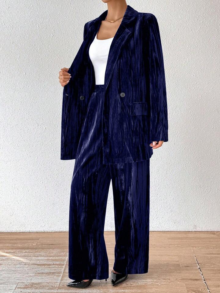 CM-SS141161 Women Elegant Seoul Style Stand Collar Long Sleeve Velvet Jacket With Straight Leg Pants Suit - Navy Blue