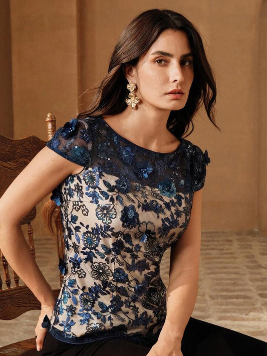 CM-TS935017 Women Elegant Seoul Style Round Neck Cap Sleeve Embroidered Floral Beaded Blouse - Navy Blue