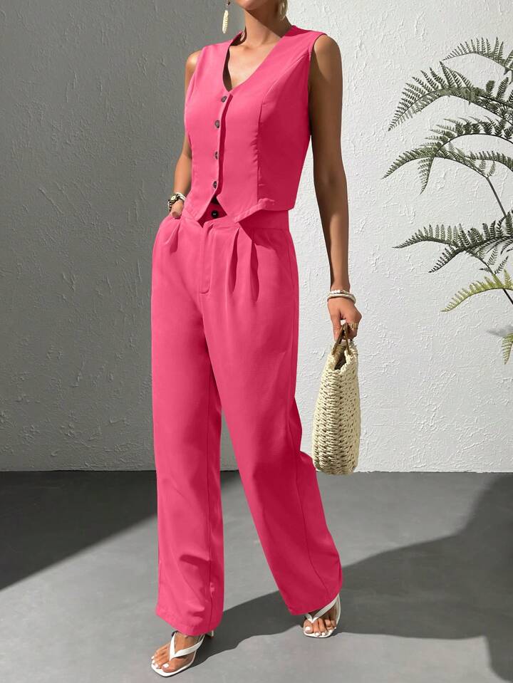 CM-SS665234 Women Elegant Seoul Style V-Neck Sleeveless Vest With Long Pants Suit - Watermelon Pink