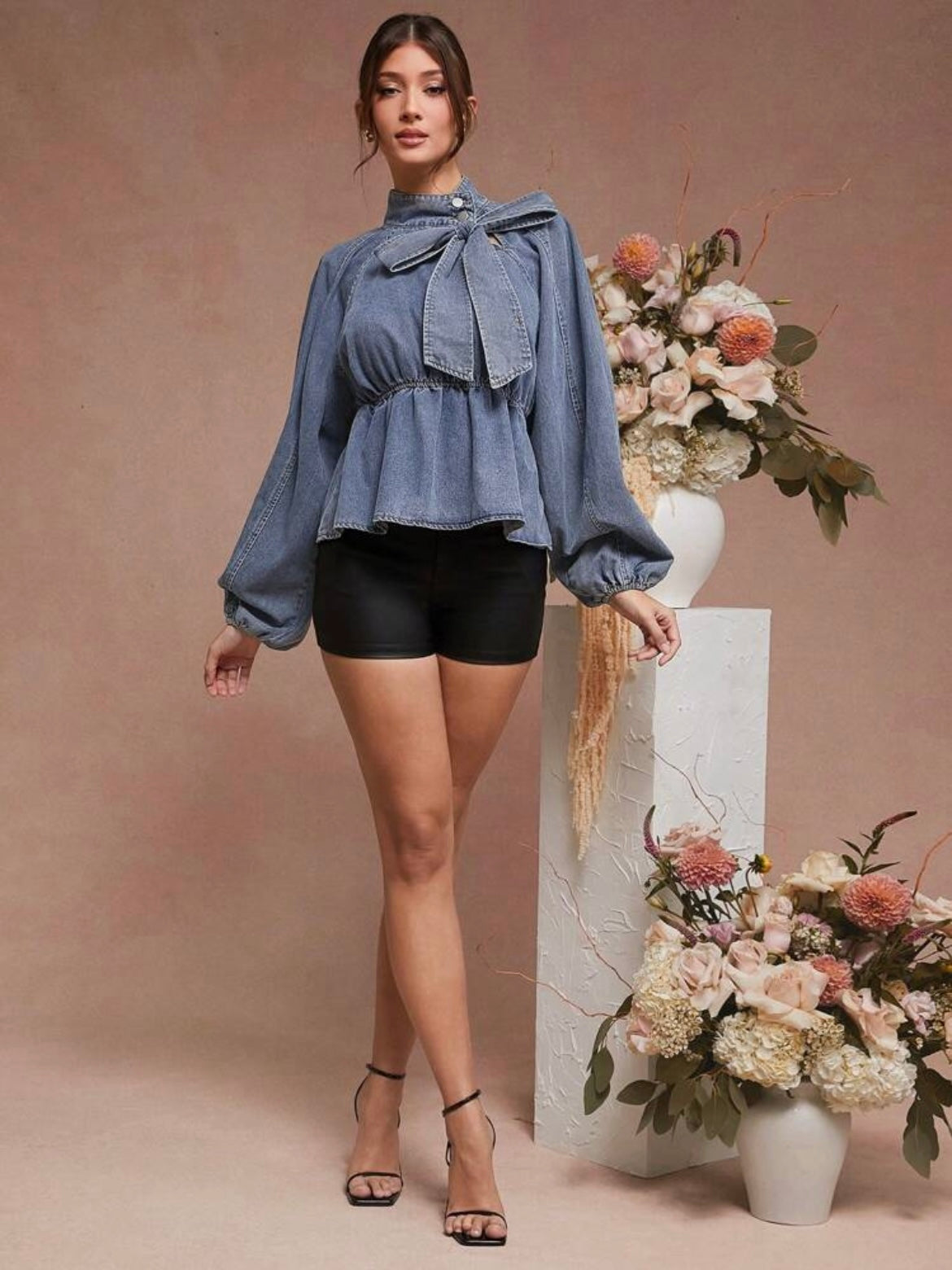 CM-TS532112 Women Casual Seoul Style Light Wash Bow Neck Tie Balloon Sleeve Peplum Denim Top