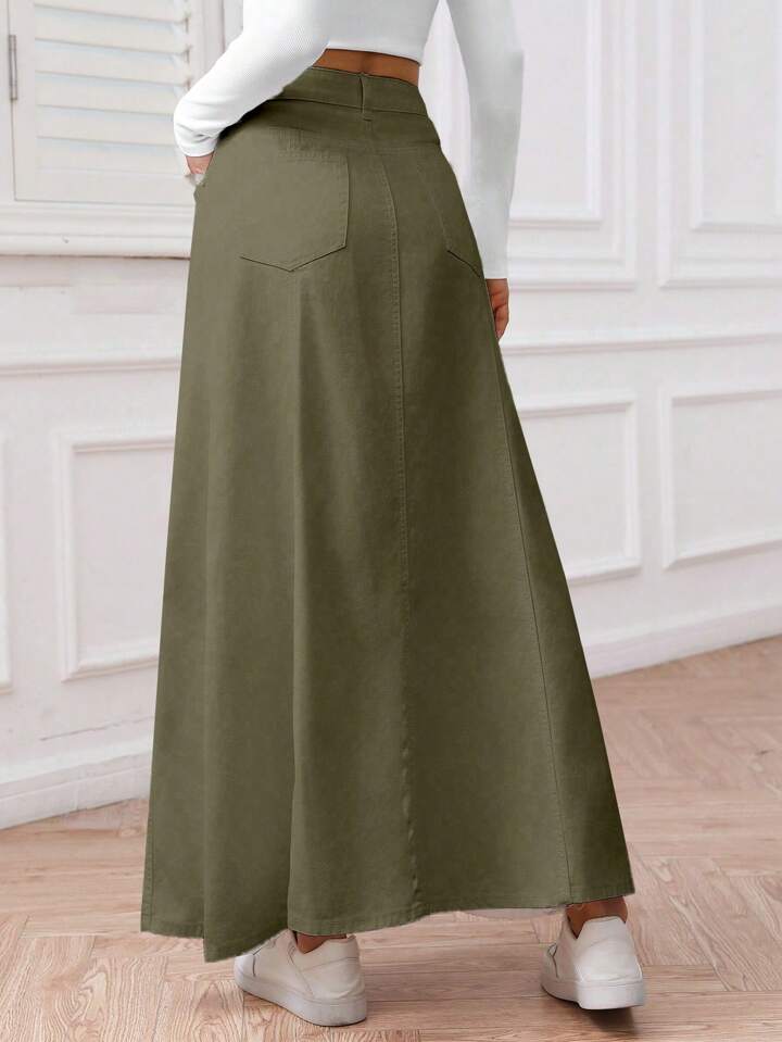 CM-BS551781 Women Casual Seoul Style Solid Color Front Button Pocket Denim Midi Skirt - Army Green