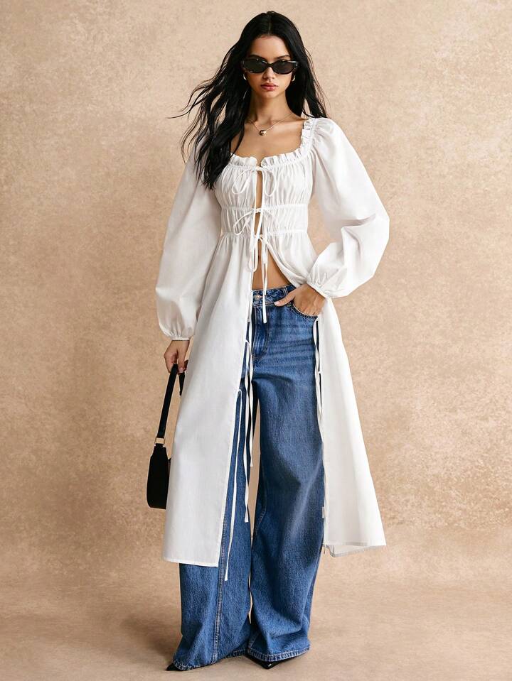 CM-TS147828 Women Casual Seoul Style Lace Up Bowknot Front Lantern Sleeve Long Shirt - White