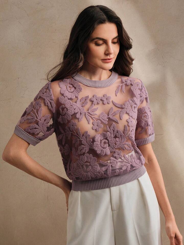 CM-TS870699 Women Casual Seoul Style Floral Mesh Round Neck Short Sleeve Knit Top - Purple