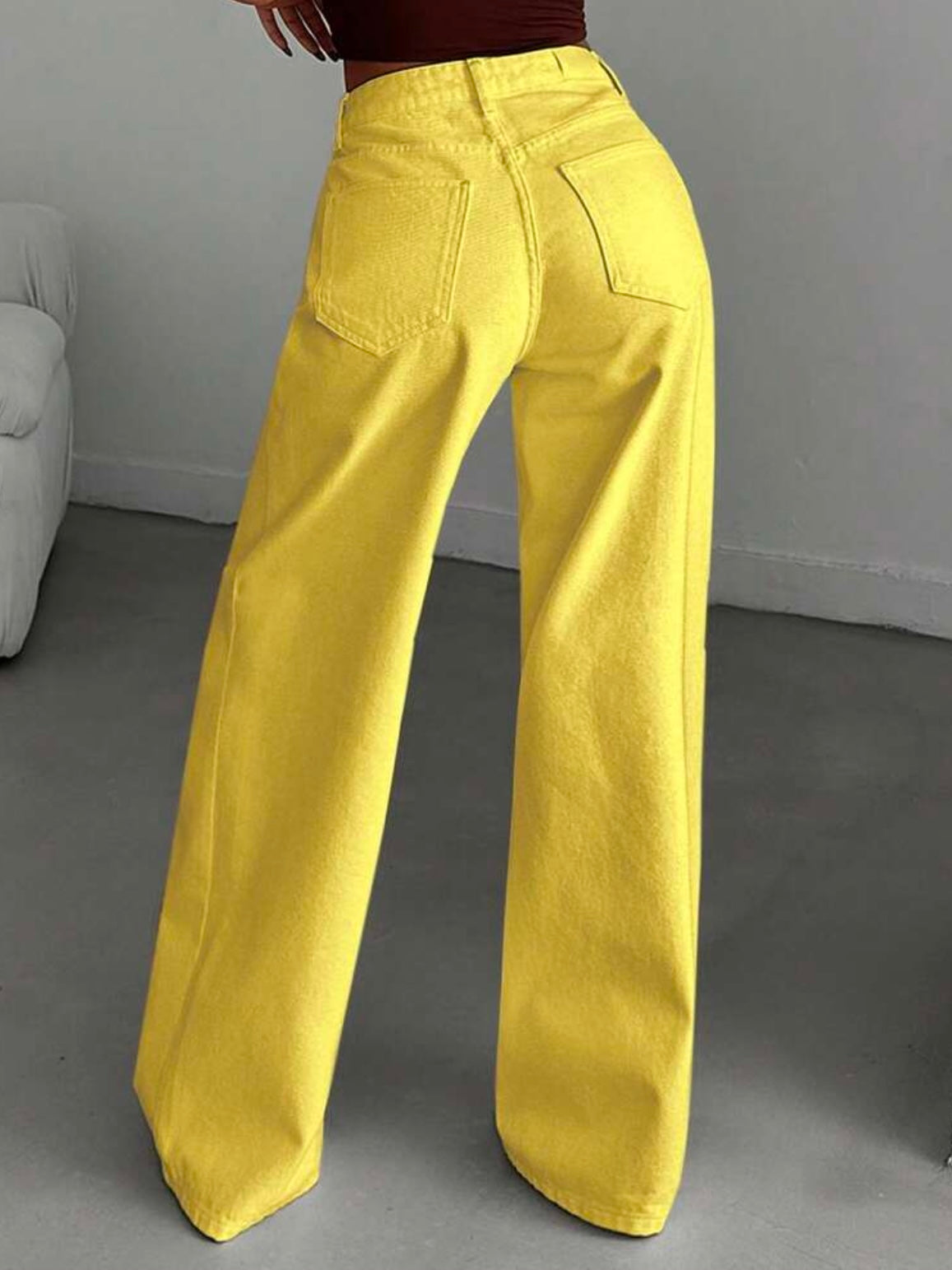 CM-BS275228 Women Casual Seoul Style High-Waisted Wide-Leg Denim Jeans - Pale Yellow