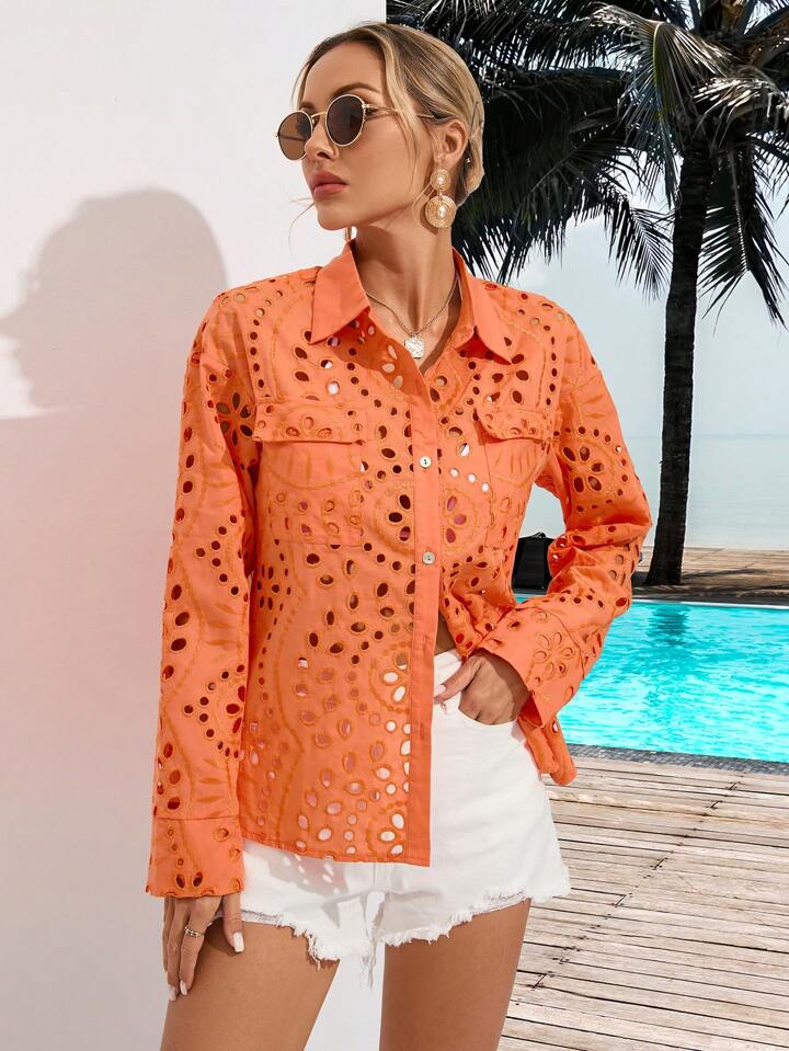 CM-TS694967 Women Trendy Bohemian Style Hollow Out Slim Fit Long Sleeve Shirt - Orange