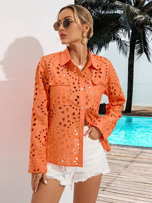 CM-TS694967 Women Trendy Bohemian Style Hollow Out Slim Fit Long Sleeve Shirt - Orange