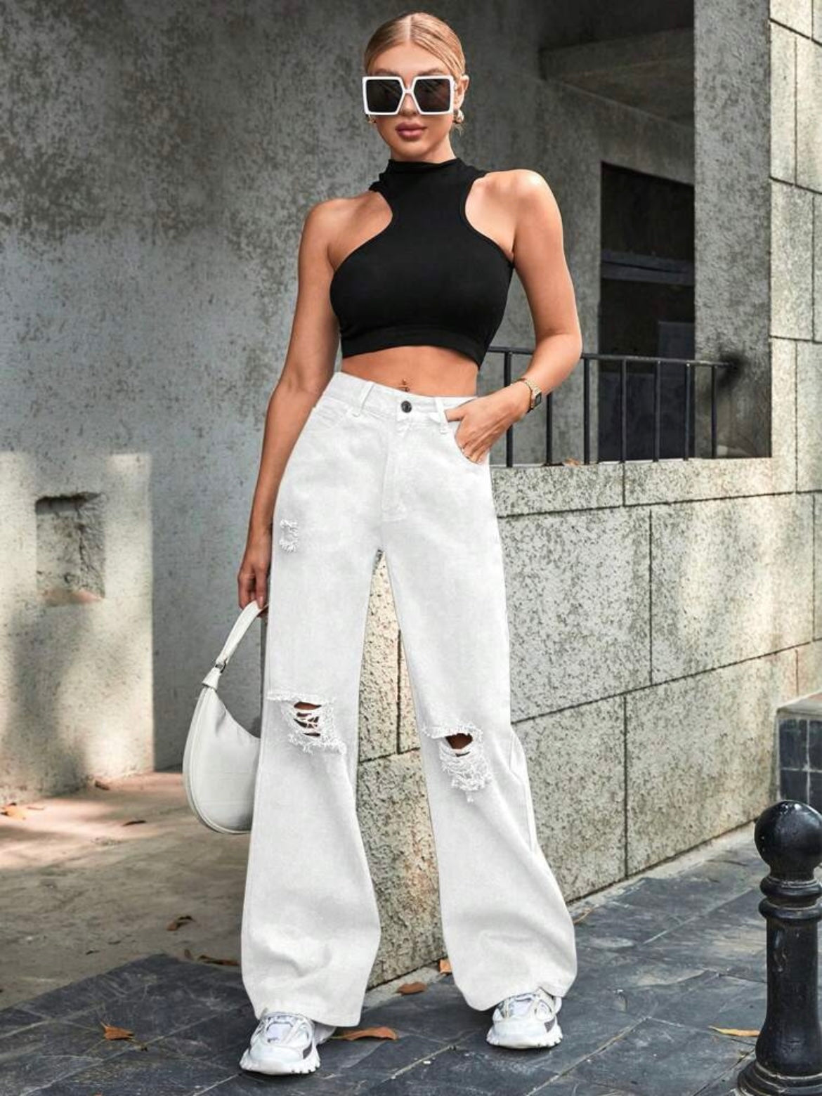 CM-BS488747 Women Casual Seoul Style High Waist Distressed Wide Leg Loose Denim Jeans - White