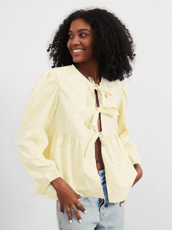 CM-TS481897 Women Casual Seoul Style Print Ruffle Hem Tie Long Sleeve Shirt - Yellow
