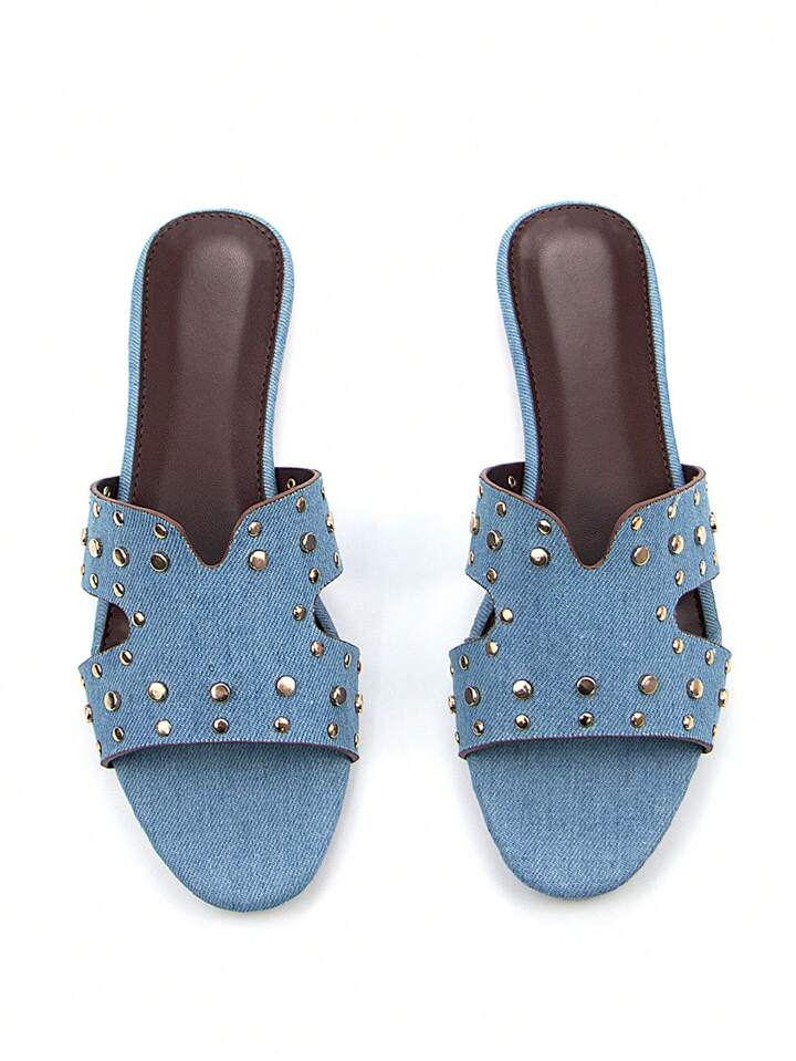 CM-SHS066339 Women Trendy Seoul Style Gold Rivet Decor Denim Round Toe Slip-On Flat Mules - Blue