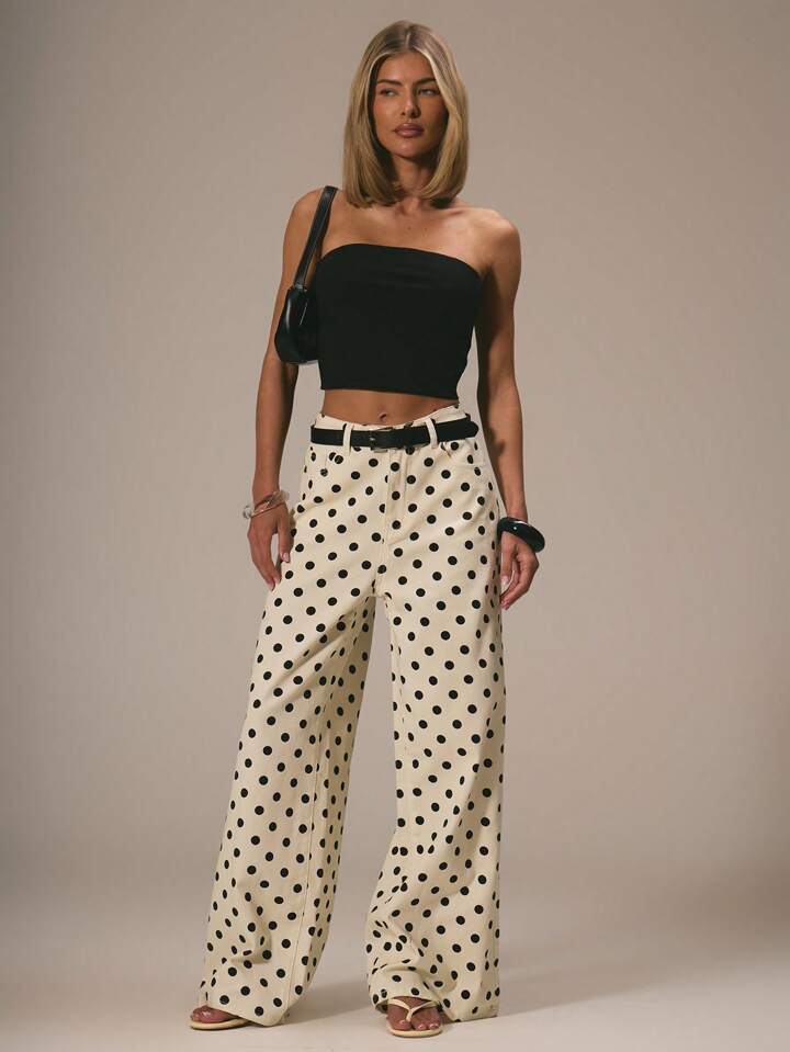 CM-BS299465 Women Casual Seoul Style Polka Dot Denim Straight Leg Mid Rise Jeans - Apricot