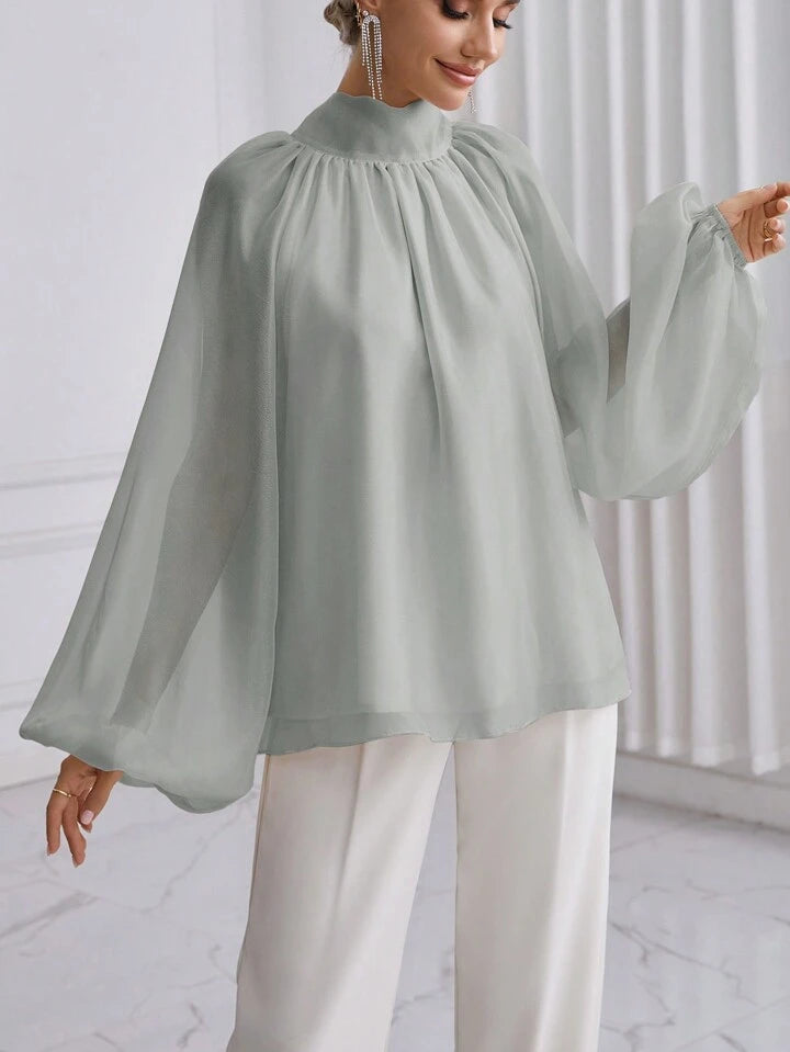 CM-TS993626 Women Elegant Seoul Style High Neck Lantern Sleeve Shirt - Light Gray