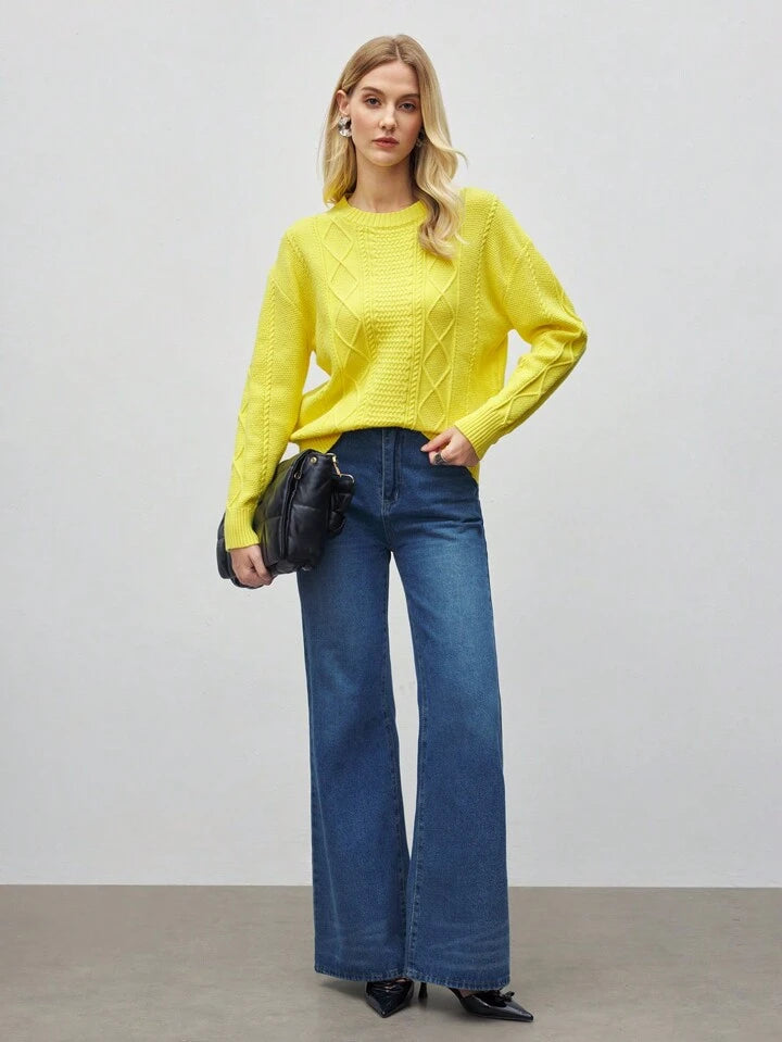 CM-CS511162 Women Casual Seoul Style Round Neck Drop Shoulder Long Sleeve Knit Pullover - Yellow