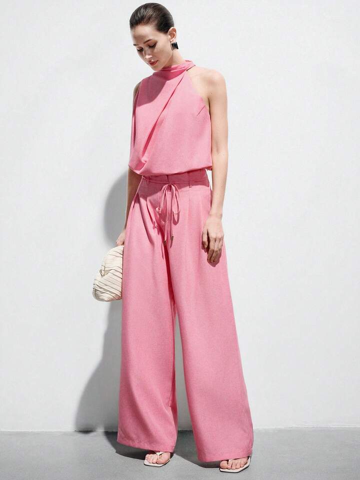 CM-SS704475 Women Elegant Seoul Style Loose High Collar Design Top With Drawstring Waist Straight Loose Pants - Set